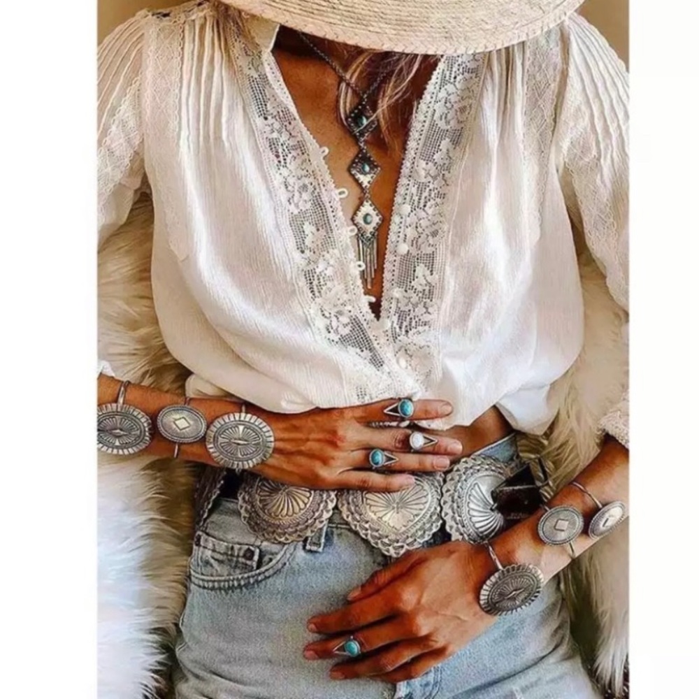 New White Lace Long Sleeve Gypsy Boho Blouse - Picture 1 of 8